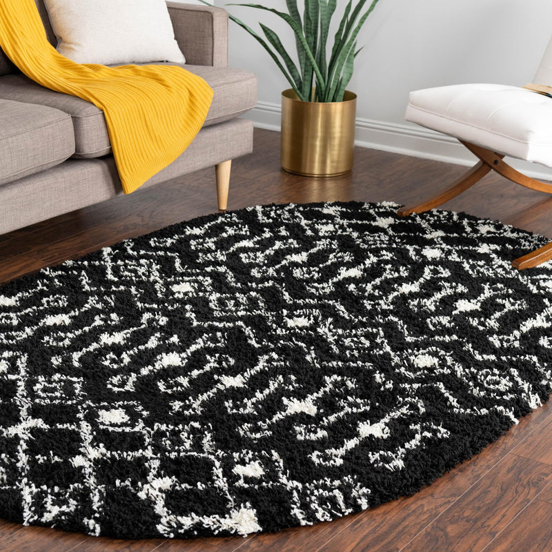 Berber Lattice Shag Collection Area Rug - Atlas (Black and White) Oval Black and White lifestyle 16