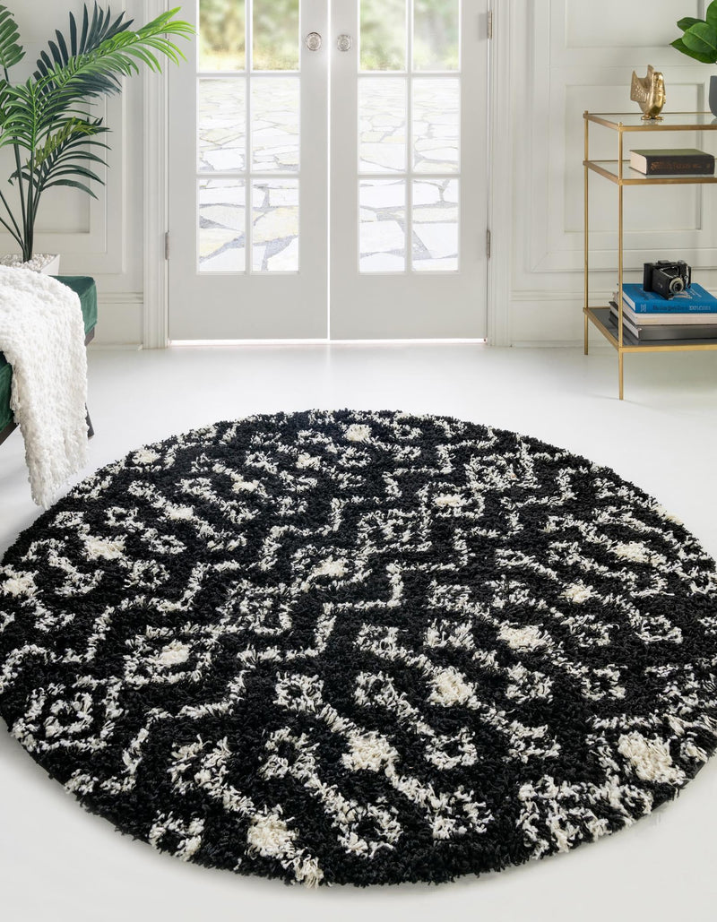 Berber Lattice Shag Collection Area Rug - Atlas (Black and White) Round Black and White lifestyle 0