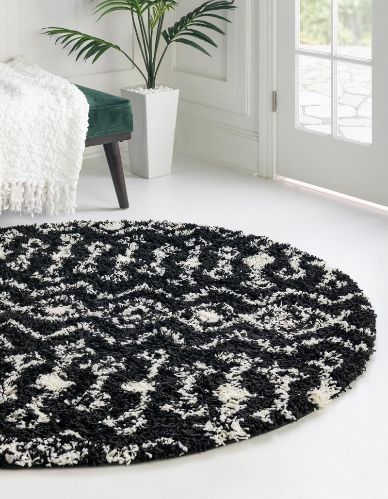 Berber Lattice Shag Collection Area Rug - Atlas (Black and White) Round Black and White lifestyle 2