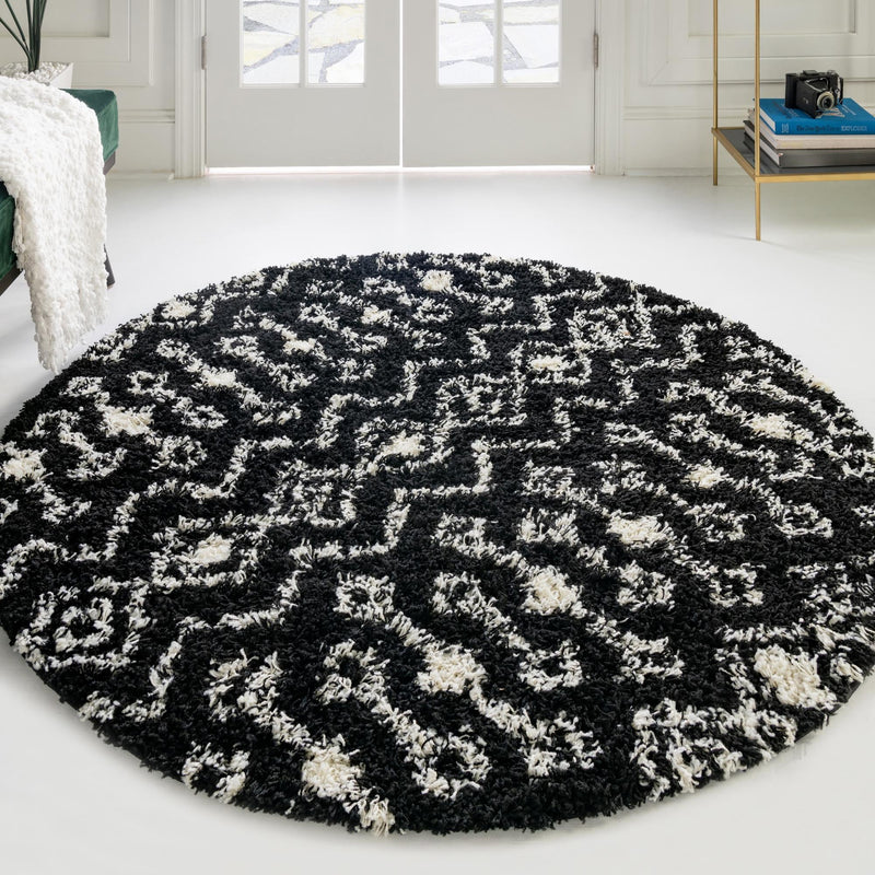 Berber Lattice Shag Collection Area Rug - Atlas (Black and White) Round Black and White lifestyle 13
