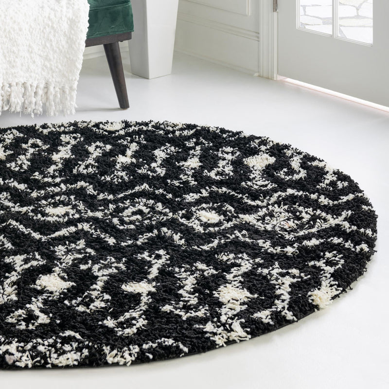 Berber Lattice Shag Collection Area Rug - Atlas (Black and White) Round Black and White lifestyle 14