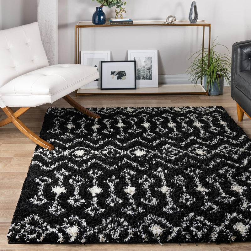 Berber Lattice Shag Collection Area Rug - Atlas (Black and White) Square Black and White lifestyle 13