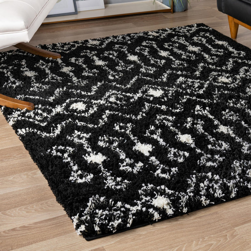 Berber Lattice Shag Collection Area Rug - Atlas (Black and White) Square Black and White lifestyle 14