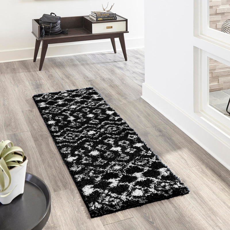 Berber Lattice Shag Collection Area Rug - Atlas (Black and White) Runner Black and White lifestyle 13