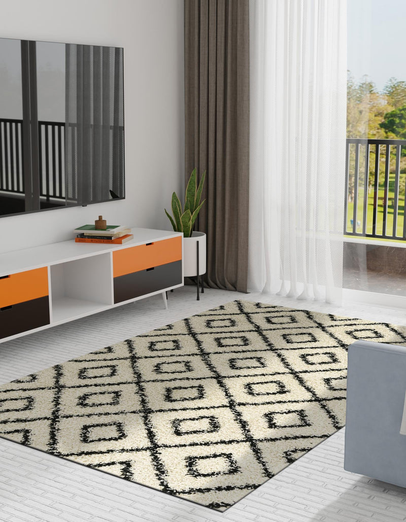 Lattice Loft Shag Collection Area Rug - Soho (White and Black) Rectangle White and Black lifestyle 2