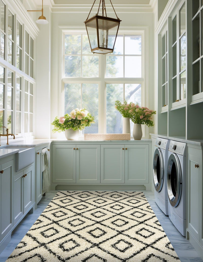 Lattice Loft Shag Collection Area Rug - Soho (White and Black) Rectangle White and Black lifestyle 9
