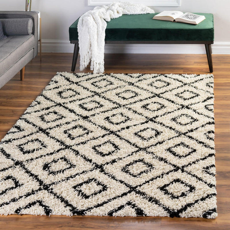 Lattice Loft Shag Collection Area Rug - Soho (White and Black) Rectangle White and Black lifestyle 23