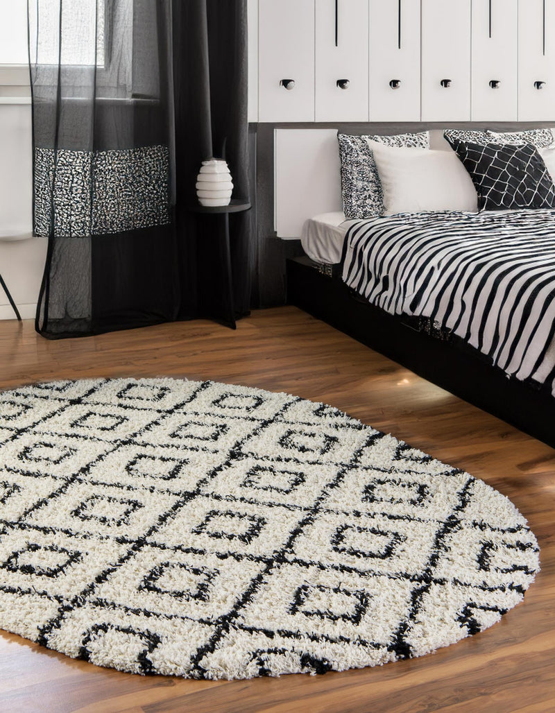Lattice Loft Shag Collection Area Rug - Soho (White and Black) Oval White and Black lifestyle 30