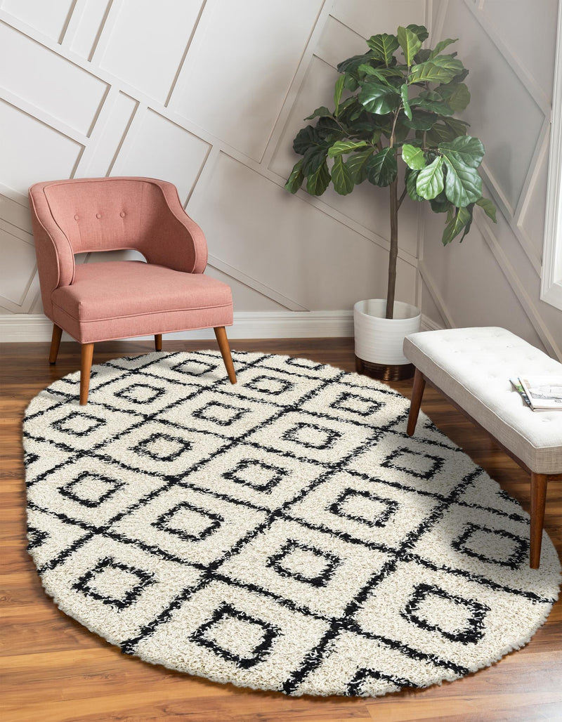 Lattice Loft Shag Collection Area Rug - Soho (White and Black) Oval White and Black lifestyle 31