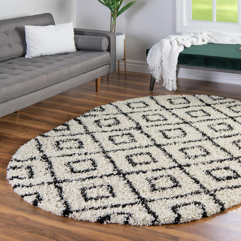 Lattice Loft Shag Collection Area Rug - Soho (White and Black) Oval White and Black lifestyle 15