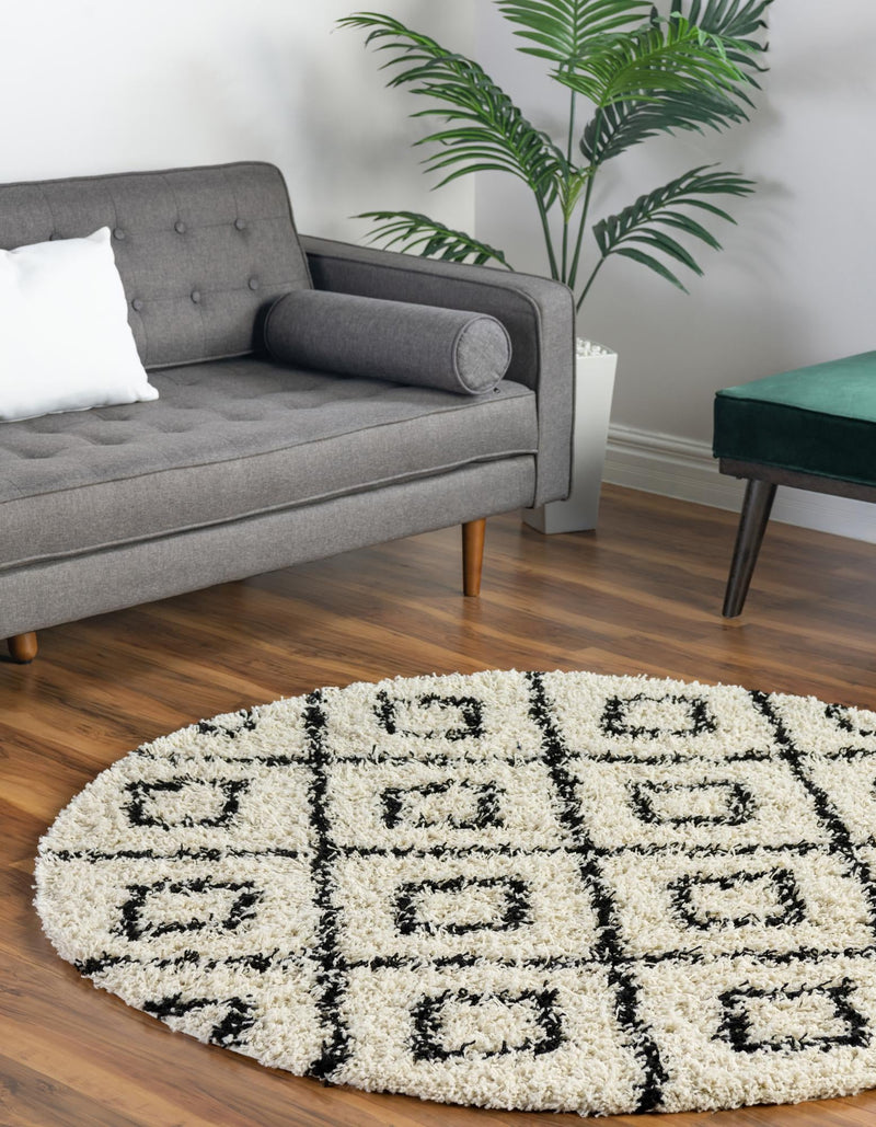 Lattice Loft Shag Collection Area Rug - Soho (White and Black) Round White and Black lifestyle 0