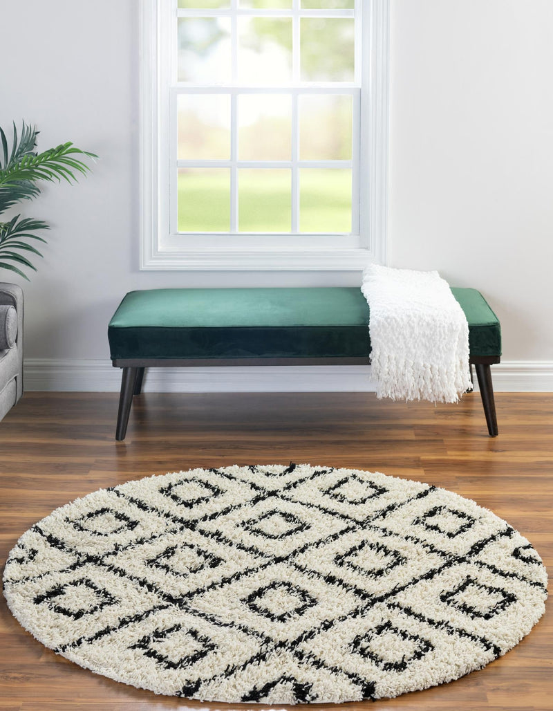 Lattice Loft Shag Collection Area Rug - Soho (White and Black) Round White and Black lifestyle 2