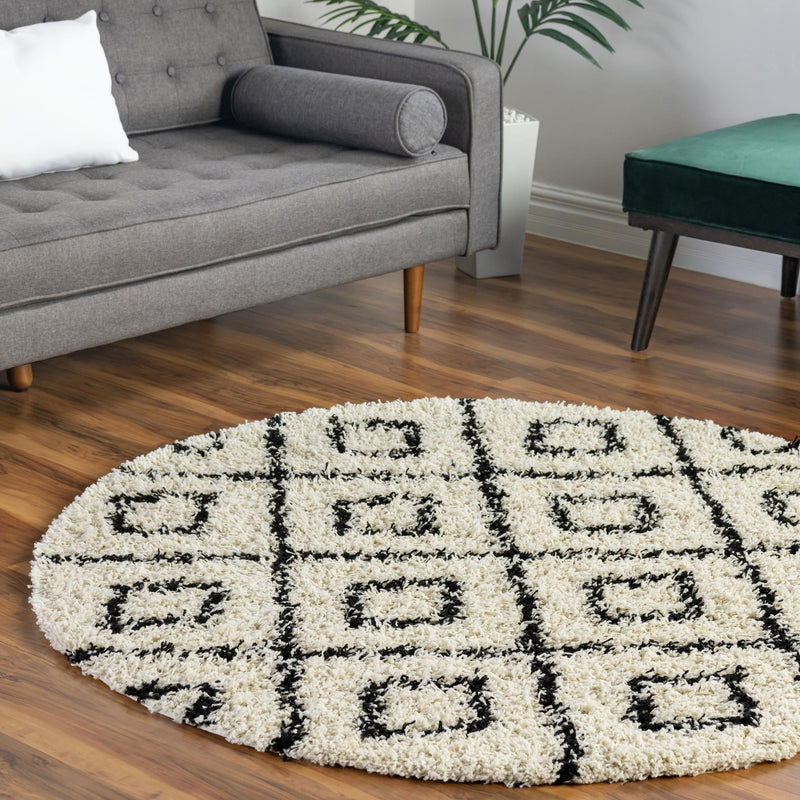 Lattice Loft Shag Collection Area Rug - Soho (White and Black) Round White and Black lifestyle 15