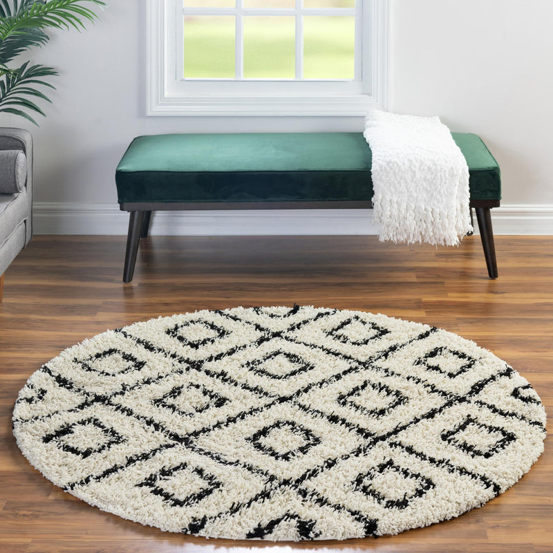 Lattice Loft Shag Collection Area Rug - Soho (White and Black) Round White and Black lifestyle 16