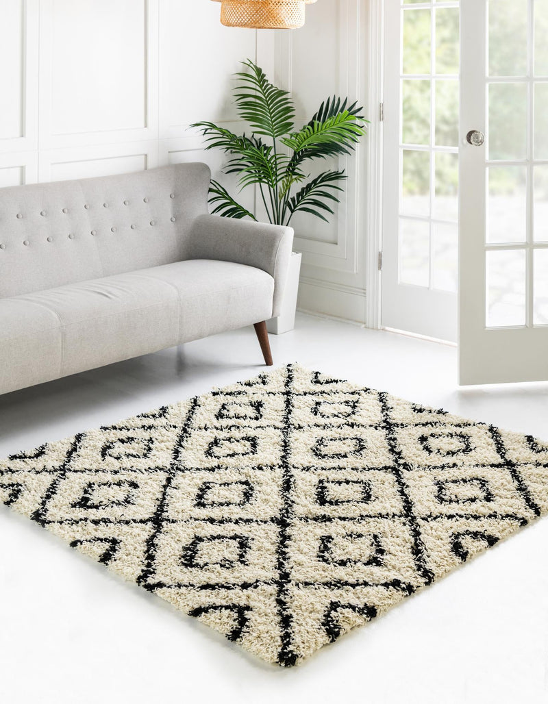 Lattice Loft Shag Collection Area Rug - Soho (White and Black) Square White and Black lifestyle 0