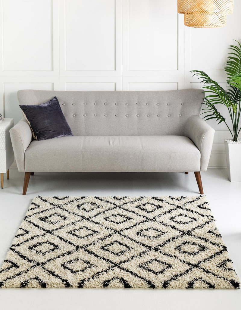 Lattice Loft Shag Collection Area Rug - Soho (White and Black) Square White and Black lifestyle 2