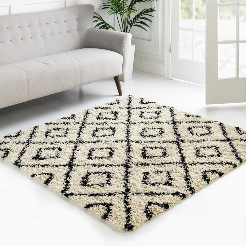 Lattice Loft Shag Collection Area Rug - Soho (White and Black) Square White and Black lifestyle 13