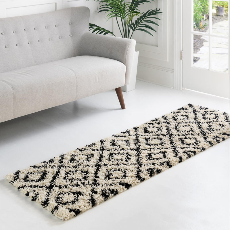 Lattice Loft Shag Collection Area Rug - Soho (White and Black) Runner White and Black lifestyle 13