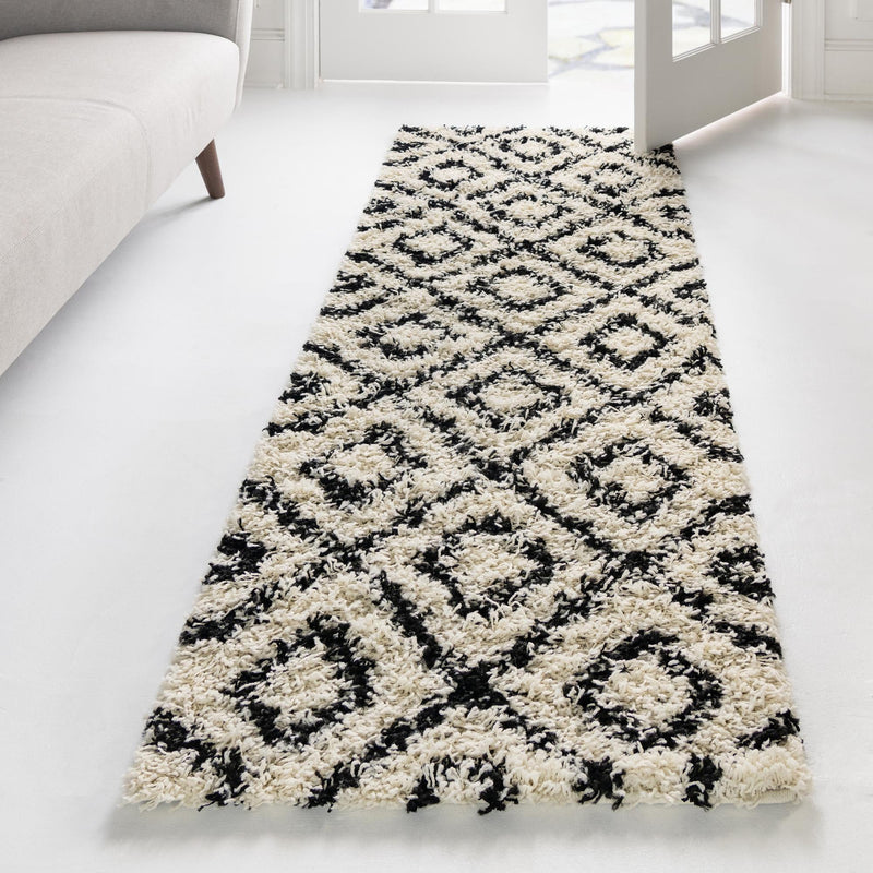 Lattice Loft Shag Collection Area Rug - Soho (White and Black) Runner White and Black lifestyle 14