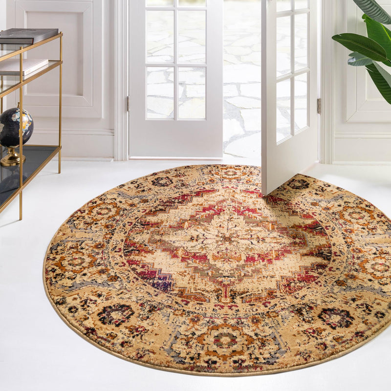 Neptune Elegance Collection Area Rug - Naiad Round Burgundy Beige lifestyle 69