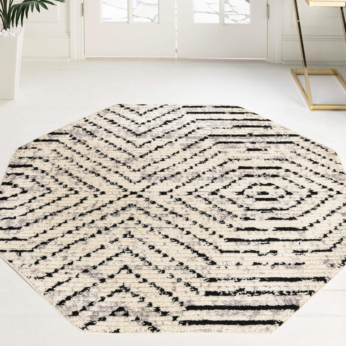 Marrakech Mosaic Collection Area Rug - Tangier Octagon Black and White lifestyle 55