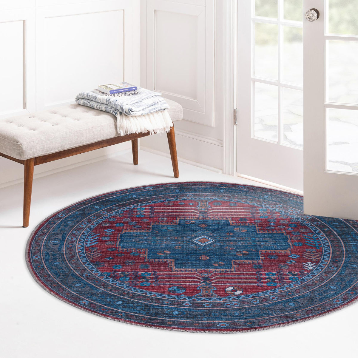 Aurora Waves Collection Area Rug - Murmansk Round Red and Blue lifestyle 56