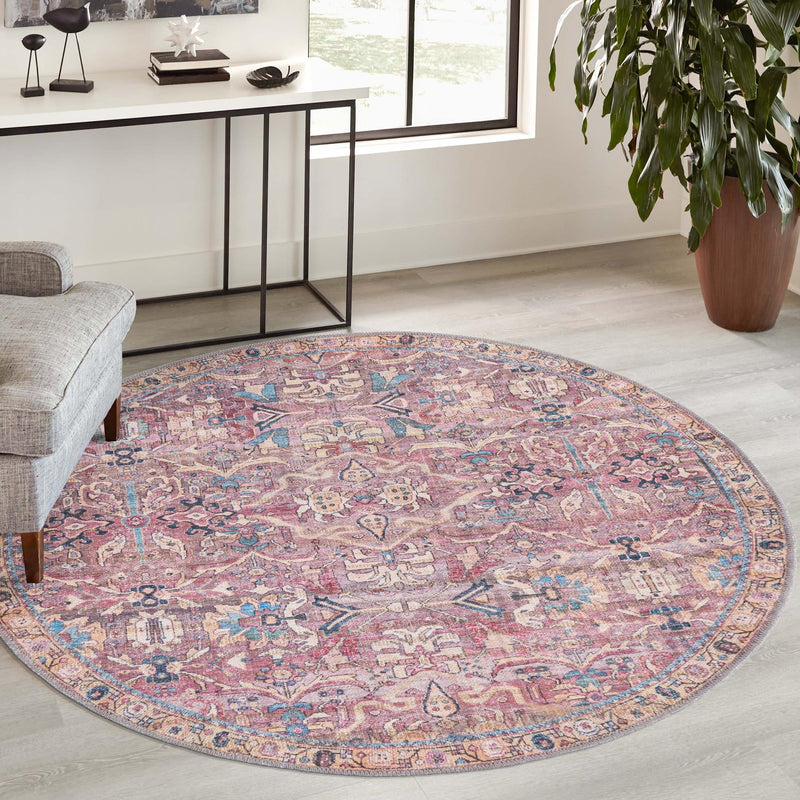 Vintage Memories Collection Area Rug - Timeless Round Pink lifestyle 136