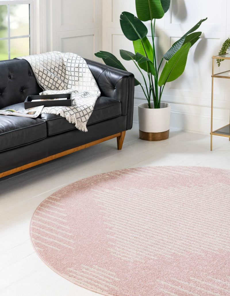 Seychelles Stripes Collection Area Rug - Mahe (Pink) Round Pink lifestyle 2