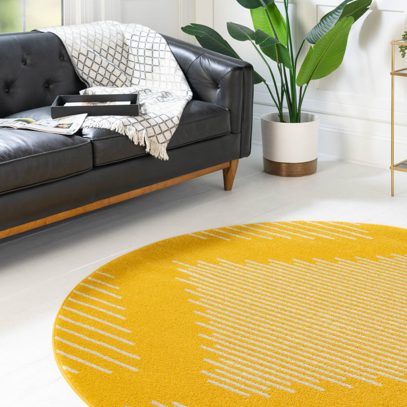 Seychelles Stripes Collection Area Rug - Mahe (Yellow) Round Yellow lifestyle 14