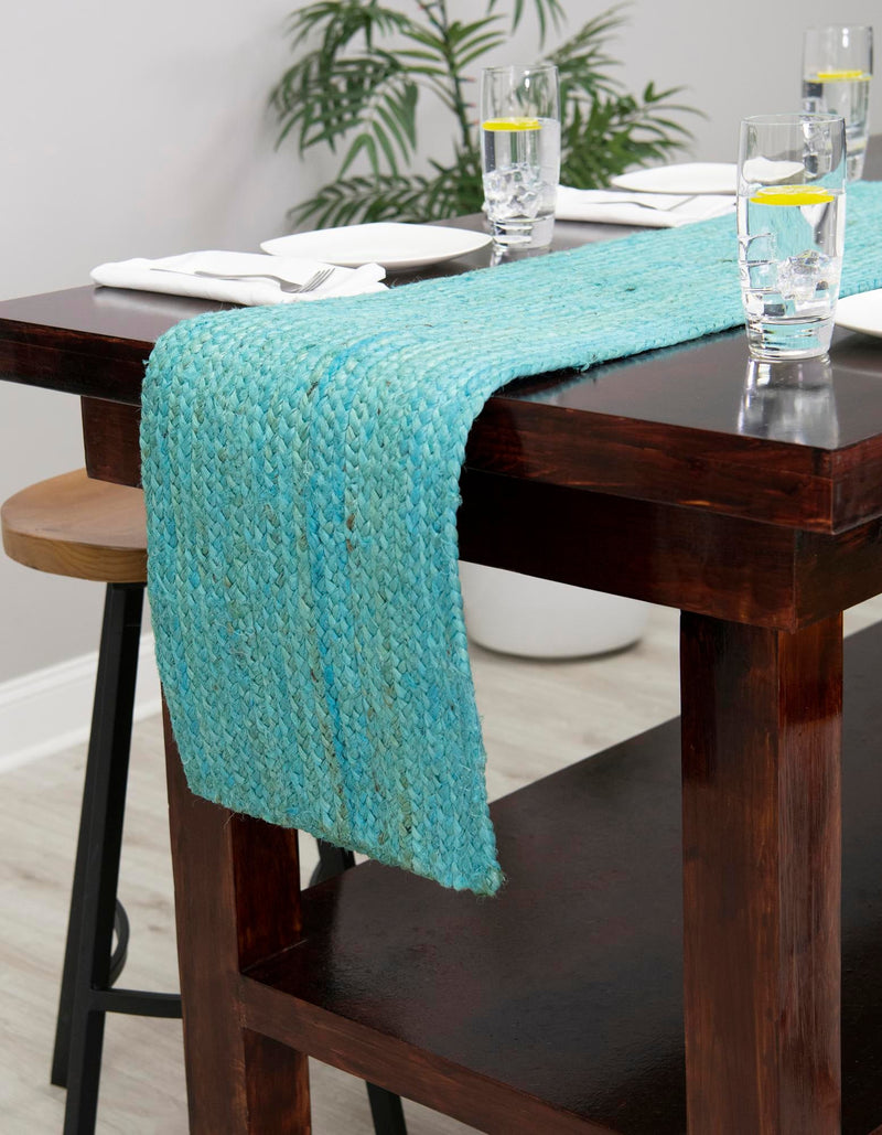 Woven Seaside Jute Collection Area Rug - Savannah (Turquoise) Table Runner Turquoise lifestyle 32