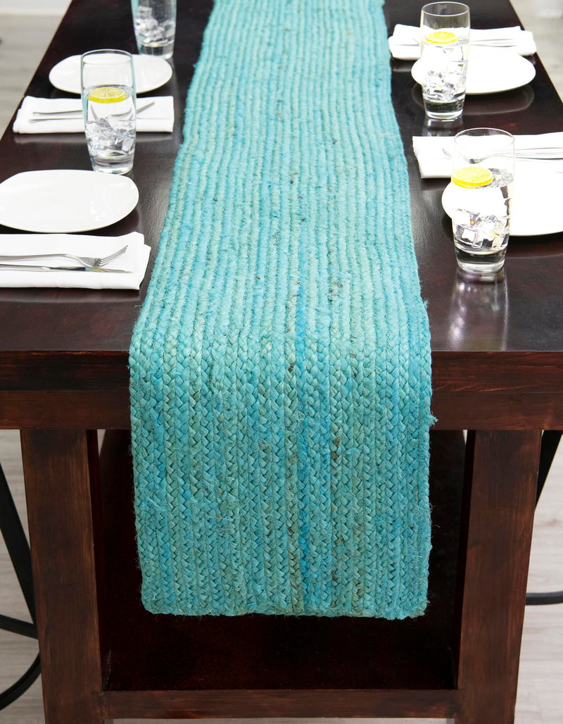 Woven Seaside Jute Collection Area Rug - Savannah (Turquoise) Table Runner Turquoise lifestyle 36