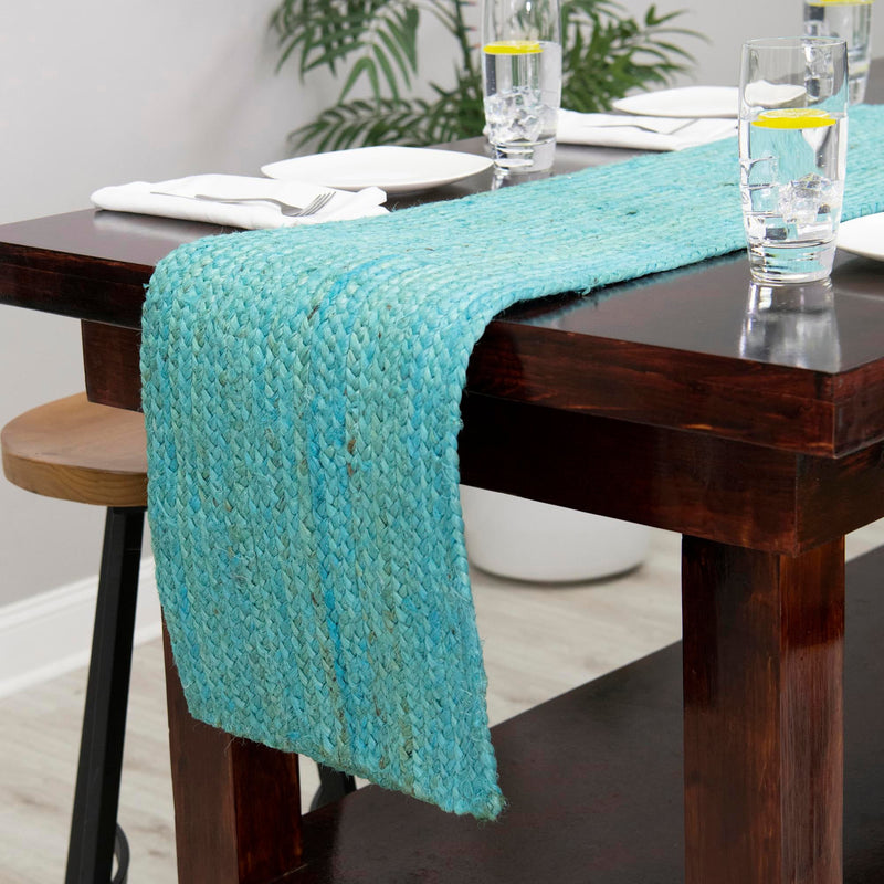 Woven Seaside Jute Collection Area Rug - Savannah (Turquoise) Table Runner Turquoise lifestyle 97