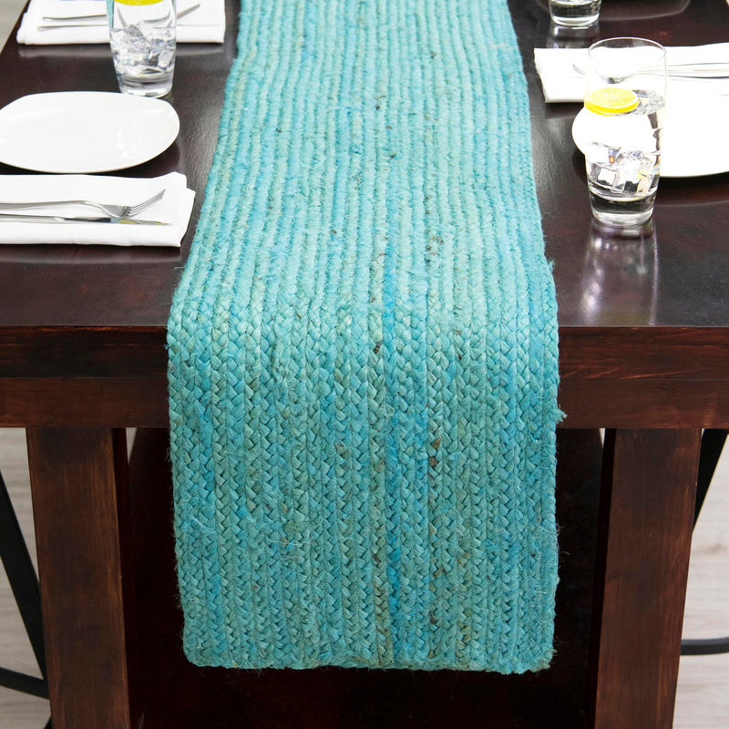Woven Seaside Jute Collection Area Rug - Savannah (Turquoise) Table Runner Turquoise lifestyle 100