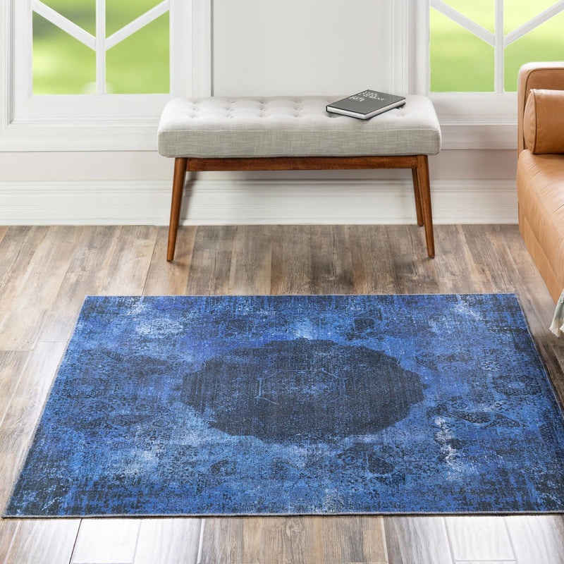 Laguna Sands Collection Area Rug - Catalina Square Overdyed Blue lifestyle 145