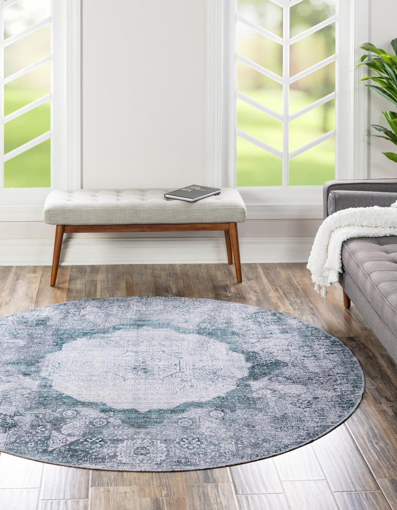 Laguna Sands Collection Area Rug - Catalina Round Teal Ivory lifestyle 81