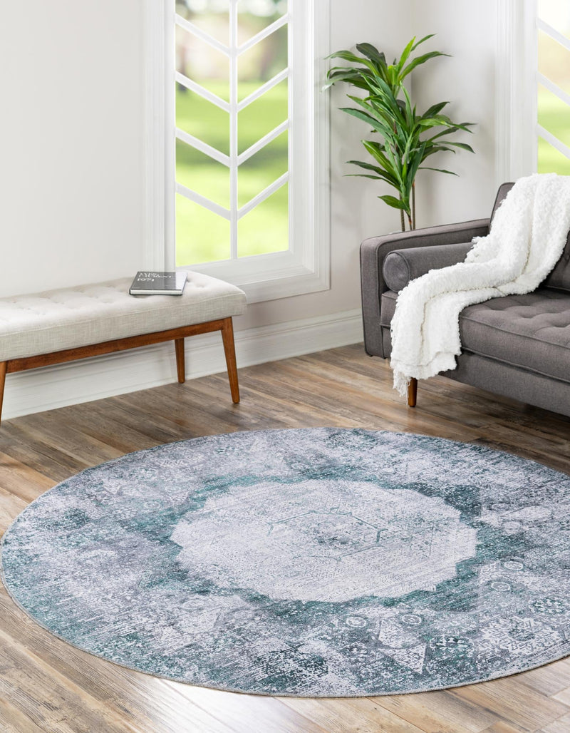 Laguna Sands Collection Area Rug - Catalina Round Teal Ivory lifestyle 101