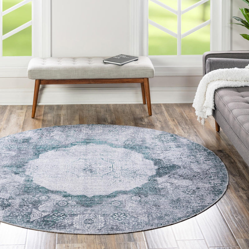 Laguna Sands Collection Area Rug - Catalina Round Teal Ivory lifestyle 153