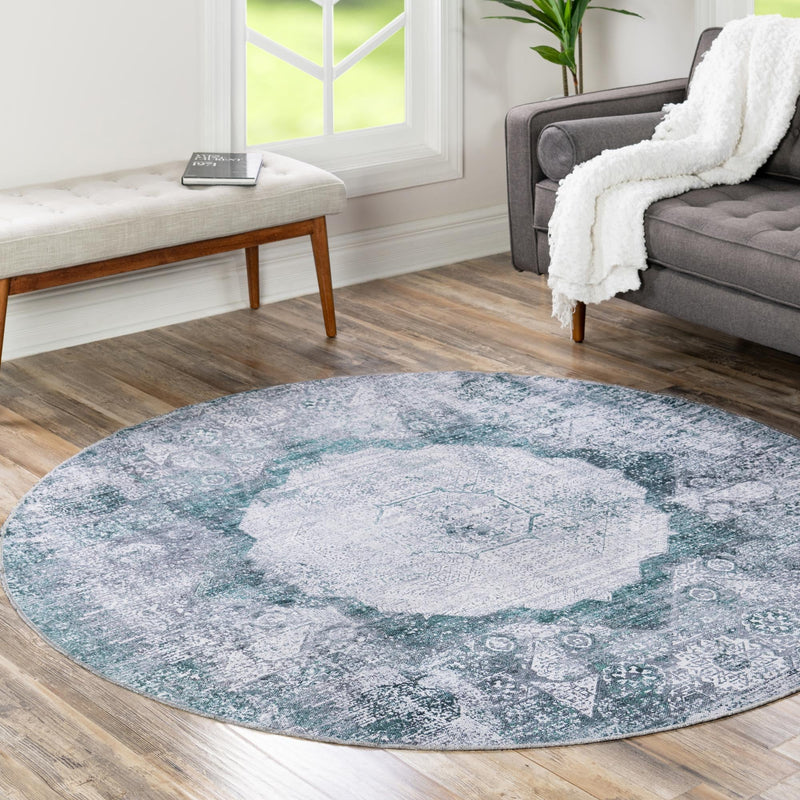 Laguna Sands Collection Area Rug - Catalina Round Teal Ivory lifestyle 173