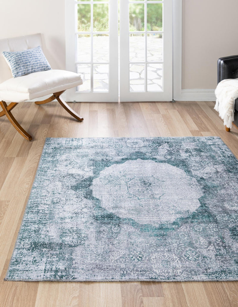 Laguna Sands Collection Area Rug - Catalina Square Teal Ivory lifestyle 82