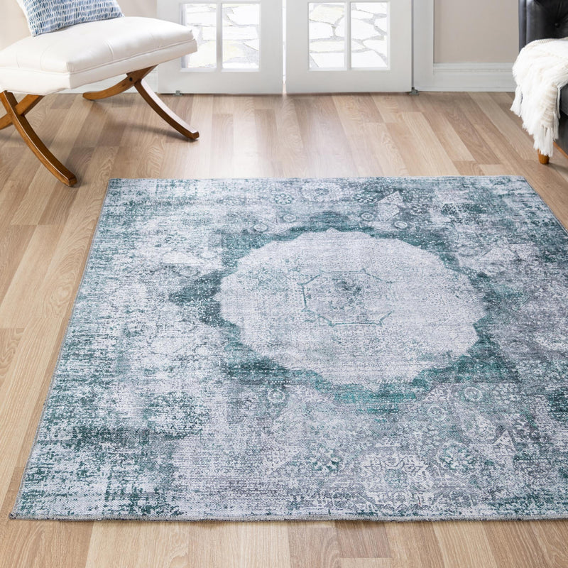 Laguna Sands Collection Area Rug - Catalina Square Teal Ivory lifestyle 154