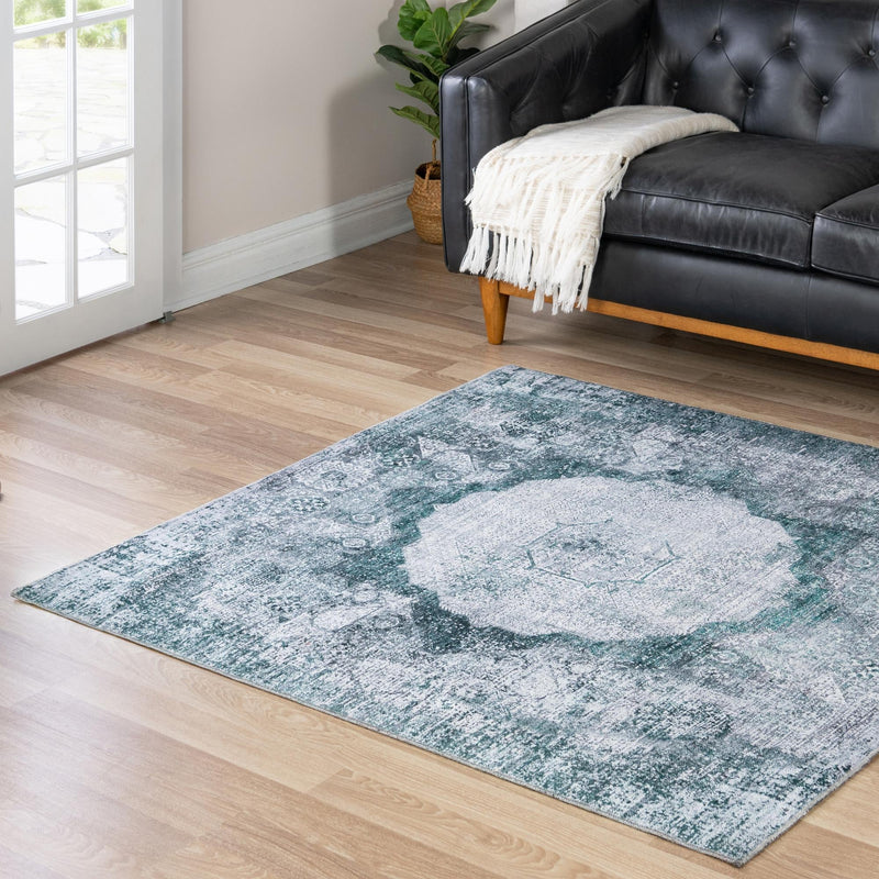 Laguna Sands Collection Area Rug - Catalina Square Teal Ivory lifestyle 174