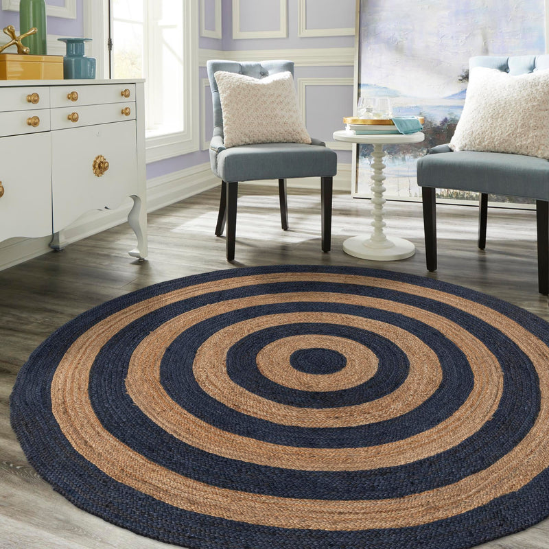 Woven Seaside Jute Collection Area Rug - Nautilus Round Navy Blue Natural lifestyle 64