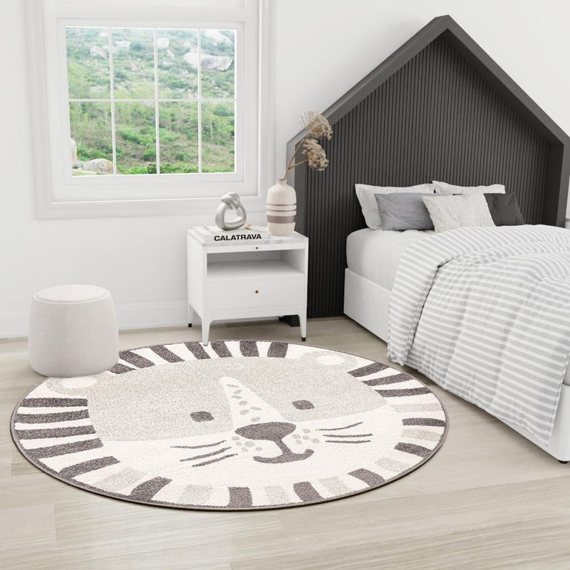Playful Patterns Collection Area Rug - Riddle Round Gray lifestyle 28