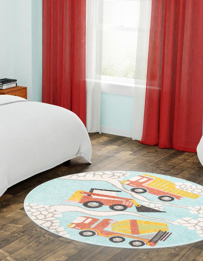 Playful Patterns Collection Area Rug - Labyrinth Round Teal lifestyle 21