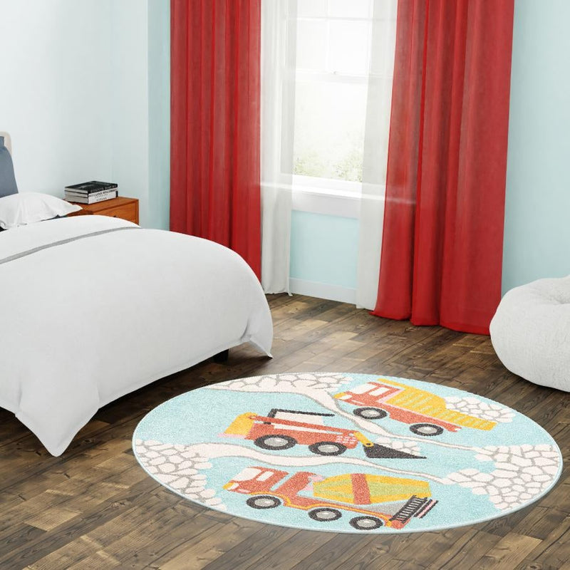 Playful Patterns Collection Area Rug - Labyrinth Round Teal lifestyle 45
