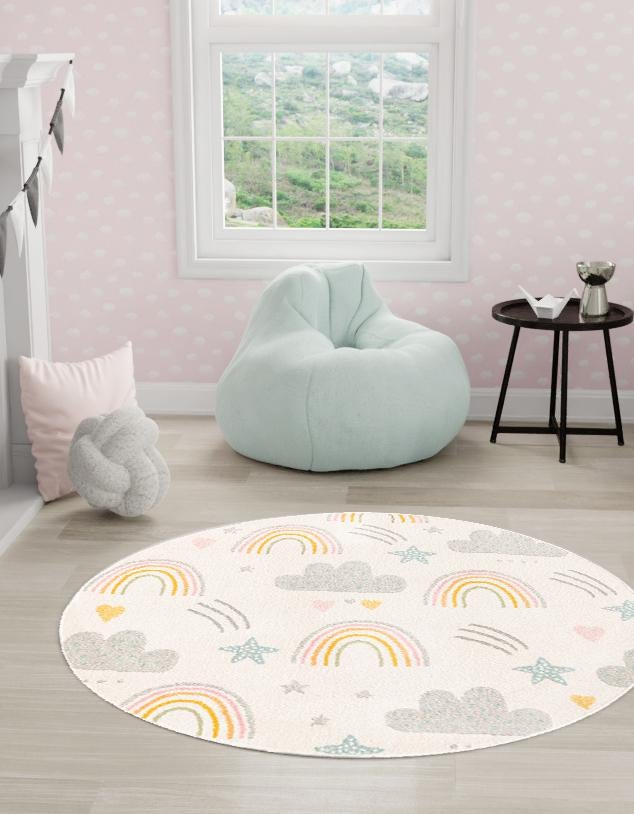 Playful Patterns Collection Area Rug - Pixel Round Ivory lifestyle 34