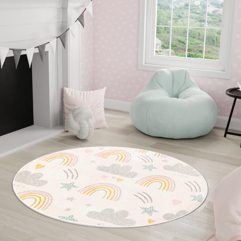 Playful Patterns Collection Area Rug - Pixel Round Ivory lifestyle 60