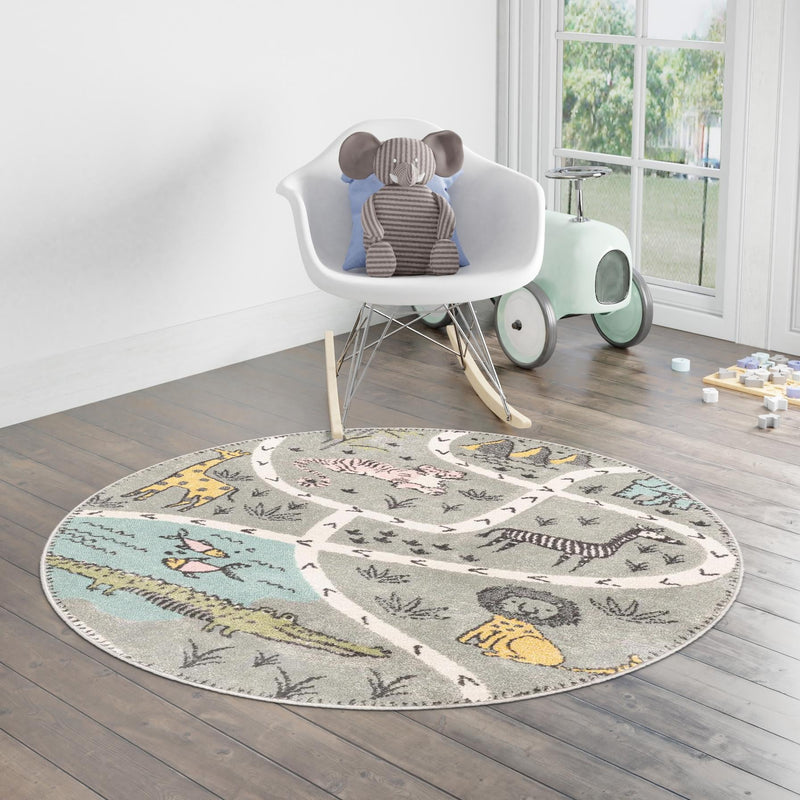Playful Patterns Collection Area Rug - Enigma Round Gray lifestyle 79