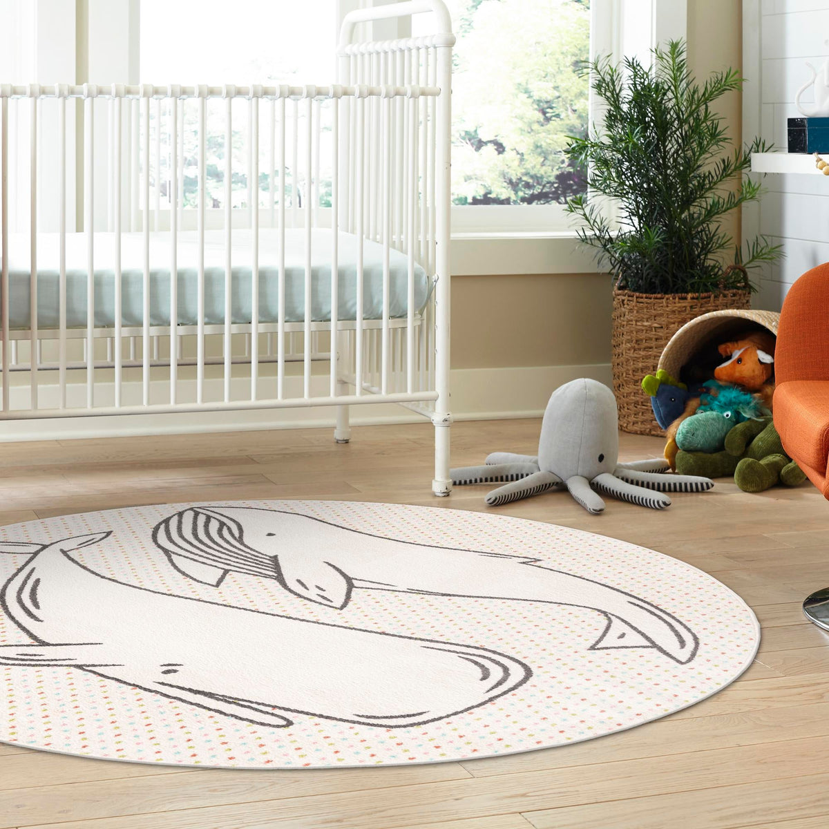Playful Patterns Collection Area Rug - Patchwork Round Gray lifestyle 14