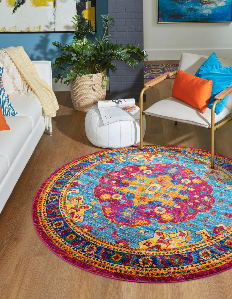 Caribbean Cove Collection Area Rug - Canouan Round Pink Blue lifestyle 19